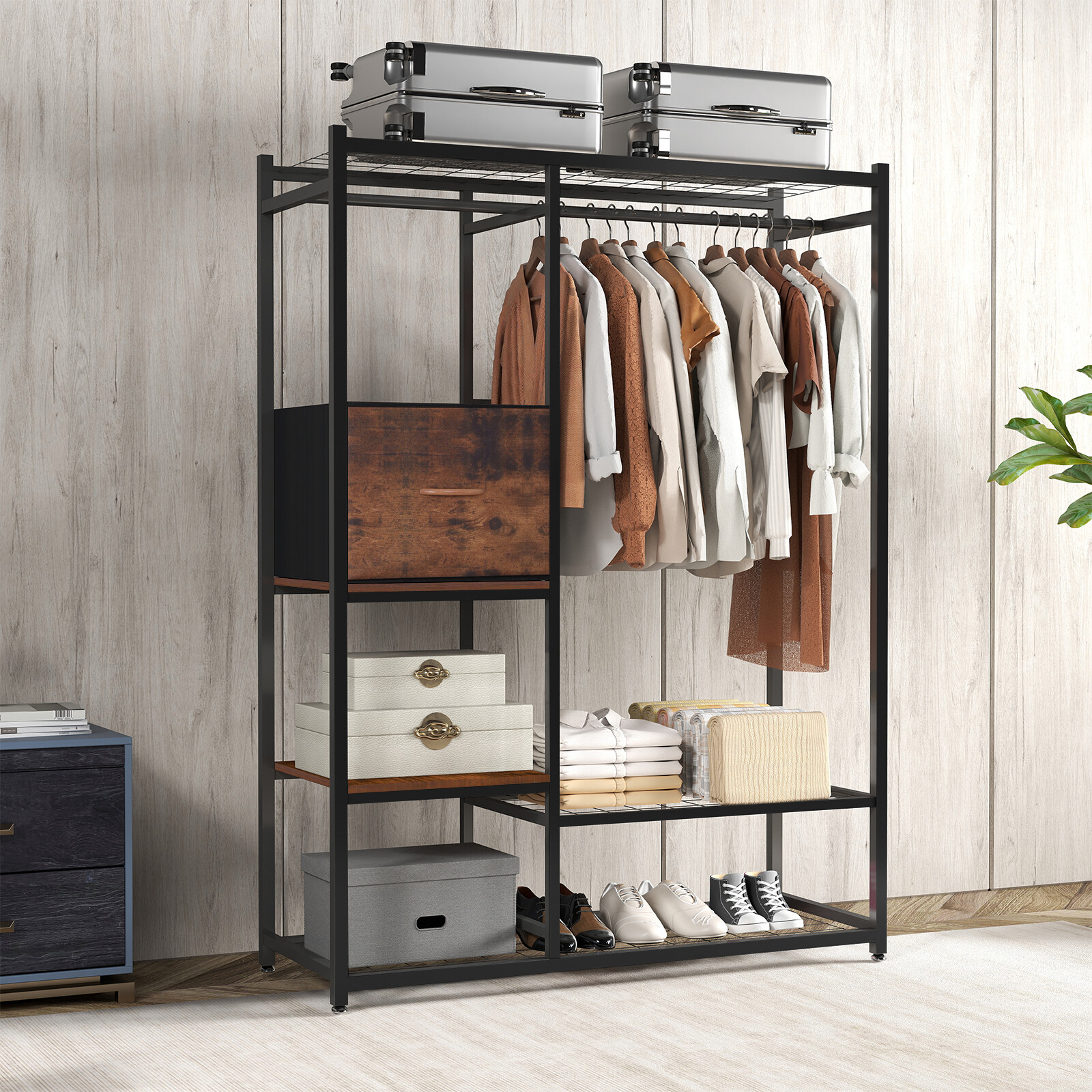 550LBS Iron Garment Rack w/ Hanging Rod Drawer Clothing Shelves Closet Organizer