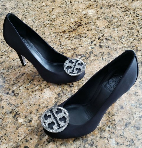 Tory Burch Black Satin Closed Toe Heels Pumps Stilettos Silver Jewled Logo  5.5 | eBay