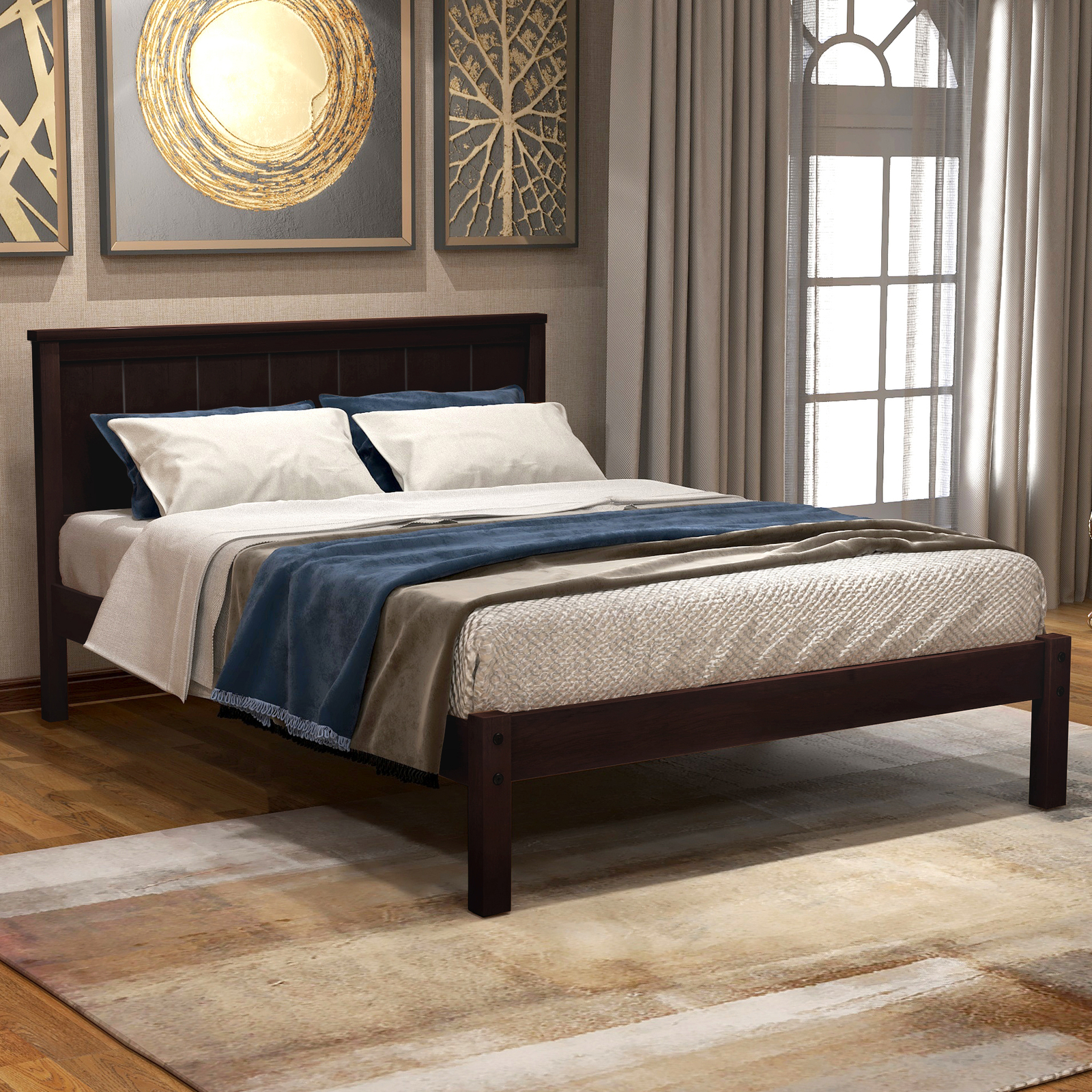 Espresso Twin Platform Bed Frame with Wood Slat Support and Headboard-image