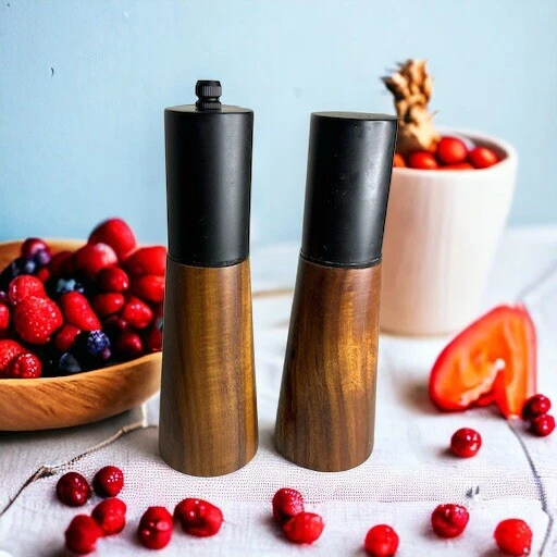 Set Wood Salt Pepper Mill Grinder Black Metal Tops Wood Grain Bottom Cottagecore