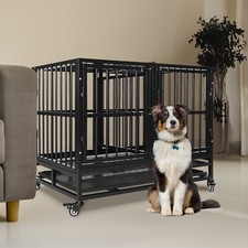 36" Black Double Front Door Dog Cage Heavy Duty Large Pet Kennel w/Wheels  Tray