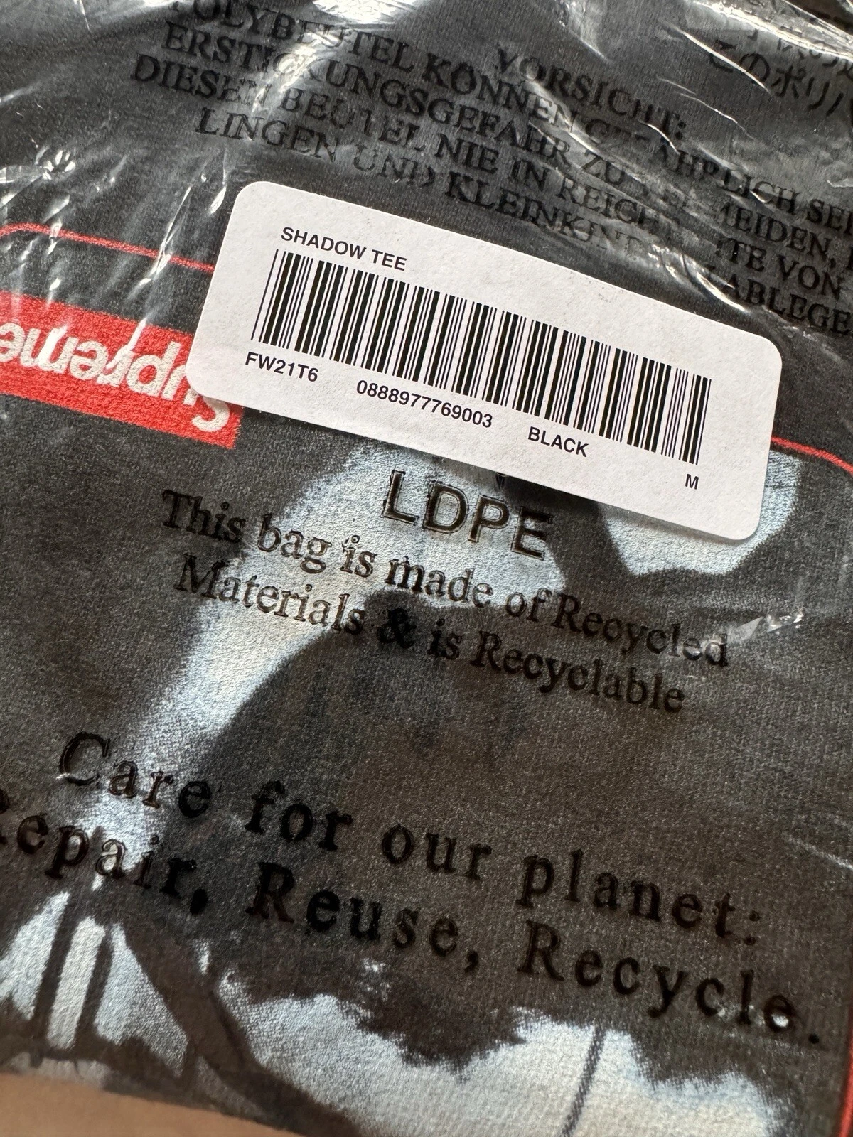SUPREME   TEE SHADOW   NOIR   Taille moyenne M neuf dans sa boîte plastique logo FW21