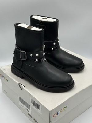 Geox J Eclair Girls Black Ankle Boots Size 4 Pearl Studded  Zipper  Buckle NEW