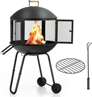 HAPPYGRILL 28  Outdoor Fire Pit, Rolling Patio Wood Burning Firepit with Lockabl