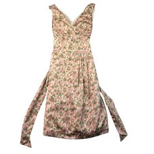Talbots Dress Women's 4 Pink Green Watercolor Floral Print Bow V-Neck Pleated