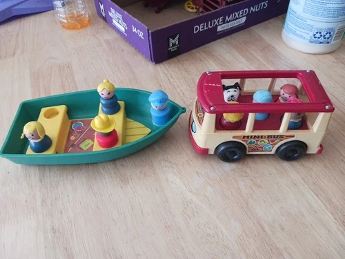 vintage fisher price little people. Bus. Boat.  9 Figures.