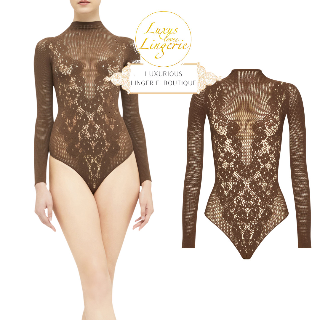 Flower Lace String Body By Wolford L Umber Net Clear Long Sleeve Collar High
