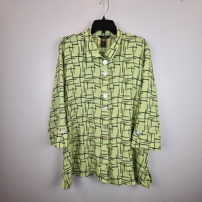 Ali Miles Womens XL Lime Green Black Abstract Grid Button Down Tunic Blouse 3/4