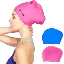 2Pack Updated Silicone Swim Cap for Long Hair Women Girl Waterproof Bathing Pool