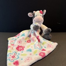 Little Miracles Grey White Cow Plush Lovey Security Blanket Pink Flowers Heart E