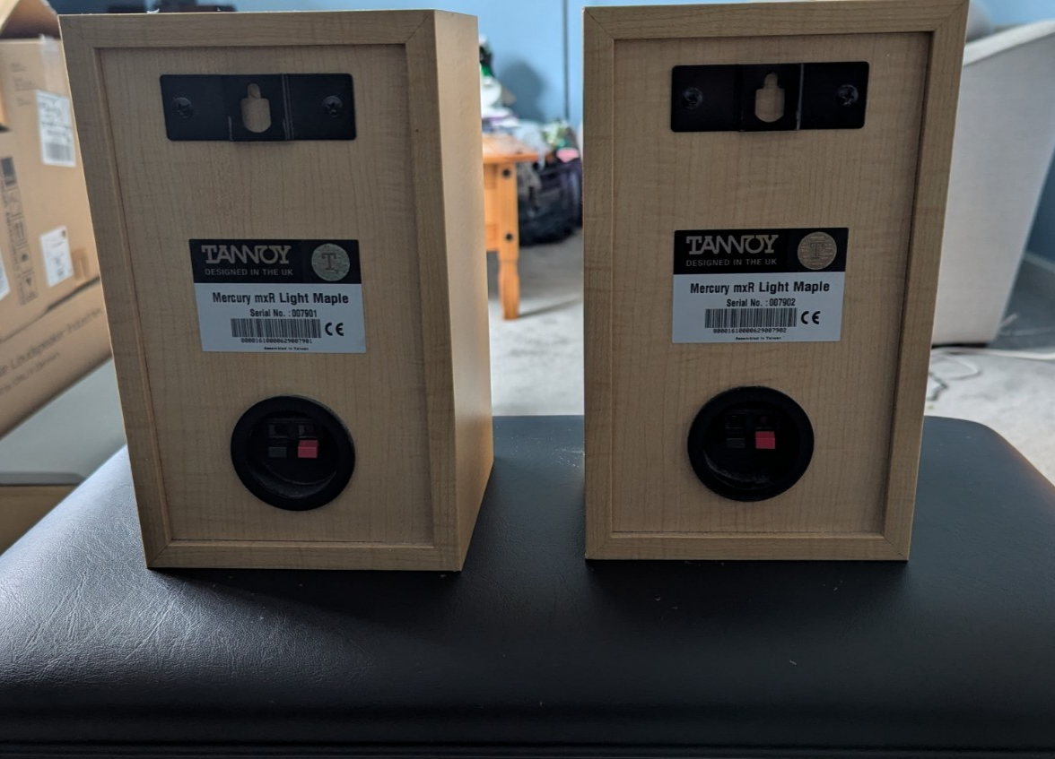 2 Tannoy Mercury MxR Light Maple Vintage Bookshelf Speakers Front