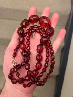 Vintage Phenolic Cherry Amber Bakelite Bead Necklace Faturan 66 Gram Faceted