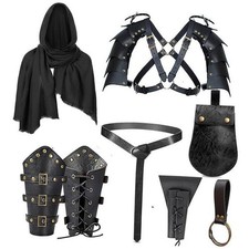 8 Pcs Mens Renaissance Costume Medieval Pirate Shawl Belt Pouch Shoulder Black