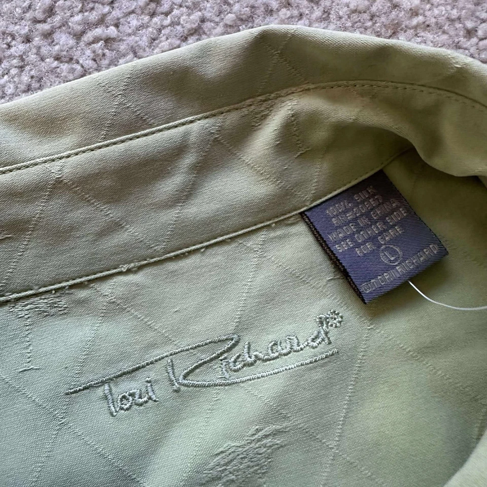 NUEVO CON ETIQUETAS Camisa Tori Richards Verde 100% Seda Manga Corta Abotonada Palmeras Talla L Foto 2 de 4