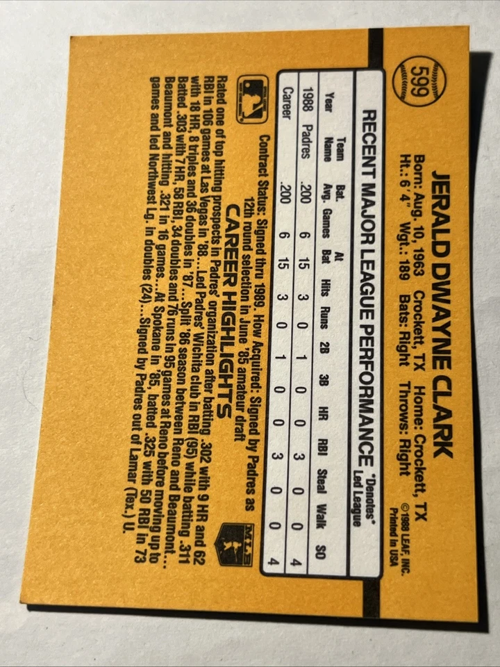 1989 DONRUSS #599 JERALD CLARK AUTOGRAPHED ROOKIE RC SAN DIEGO PADRES NM-MT 🤩 - Image 2 of 2