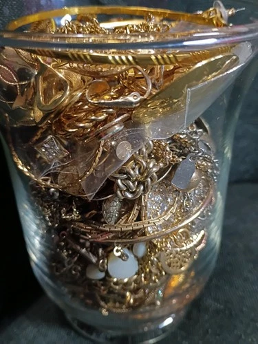 Mystery Gold-Tone Jewelry Jar Wearable Vintage & Modern Bag Lot  02