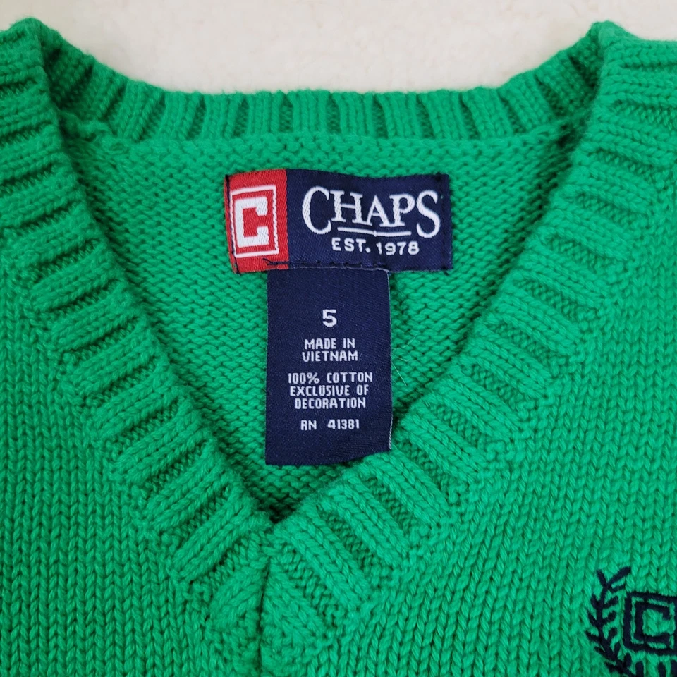 Chaps свитер жилет молодежи мальчиков Sz 5 v-образным вырезом зеленый с полосками подержанный - Изображение 2 из 4