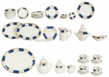 Miniature Dollhouse Tea Set White Blue Gold 35 Pieces 1:12 Scale New