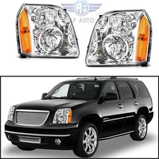 Headlight Assembly LH+RH For 07-14 GMC Yukon XL 1500 2500 Denali Chrome Housing