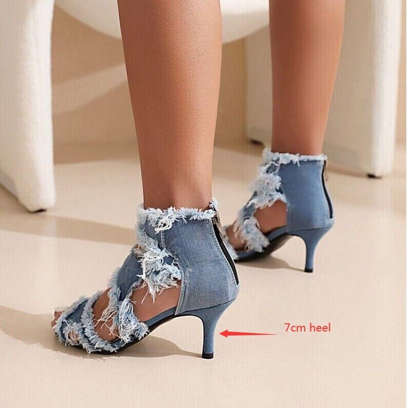 靴 willfully pollex round heel zip sandal 2024 Women's Ripped Denim Fabric Peep Toe Stiletto Heel Zip