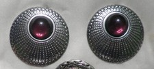 Vintage Purple Cabochon Egyptian Style Silvertone Pierced Earrings