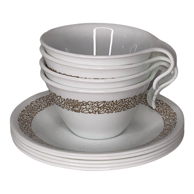 Correlle Set of 4 Hook Handle Tea Cups and 5 Plates Saucers