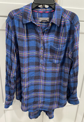 Anthropologie Blouse Sz XS Plaid Blue Isadora Button Back Hi-Low Tunic Top AK40