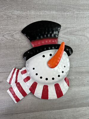 Unbranded Hanging Metal Snowman Head Black Hat Red & White Scarf 12''