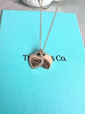 Tiffany & Co. Double Heart Tag Diamond Necklace K18 750 Boxed w