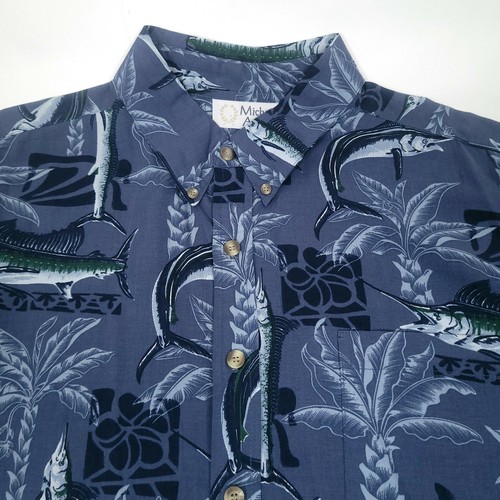 Michael Austin Mens Button Down Shirt L Blue Short Sleeve Marlin Fish Hawaiian - Picture 9 of 10