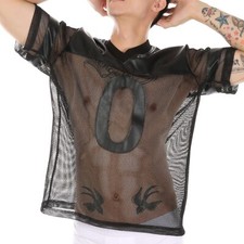 Men's Short Sleeve Black Mesh Sheer T-shirt Transparent Fishnet Stripe Tee Tops