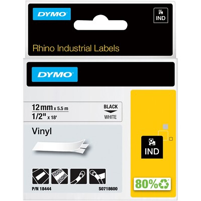 DYMO Rhino Permanent Vinyl Industrial Label Tape 1/2'' x 18 ft White/Black Print