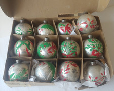 Vintage Christmas Glass Ball 2.5" Ornaments Silver Hand Painted Lot of 12 in Box