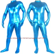 Lake Blue Shiny Metallic Women Men Suit Jumpsuits Bodysuit Catsuit Costumes F911