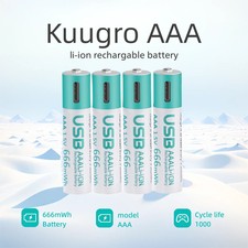 Kuugro USB AAA Rechargeable Batteries 1.5V 666mWh Li-ion with Charging Cable
