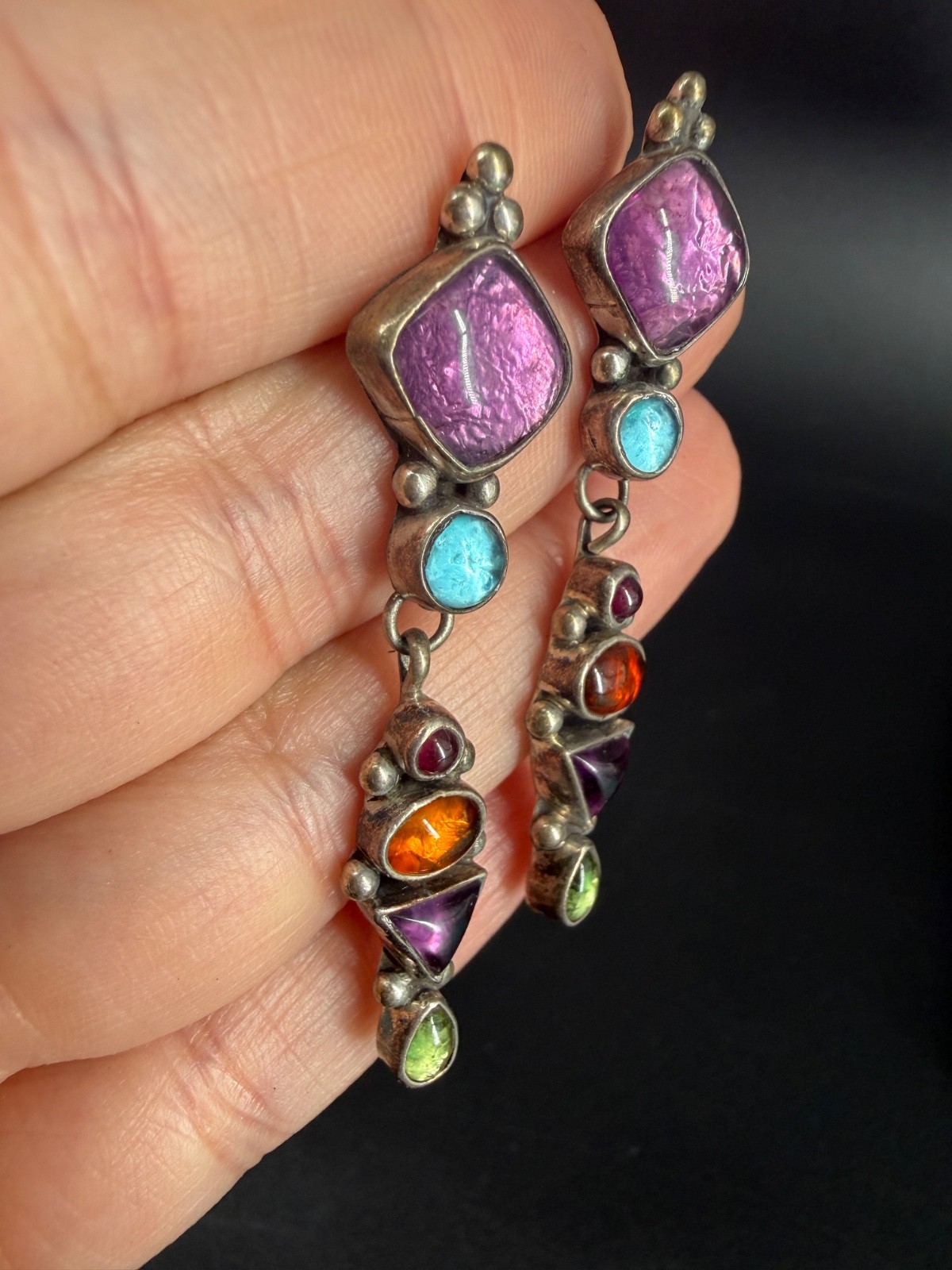 Sterling Silver Multi Gemstone Dangle Earrings Mo… - image 5