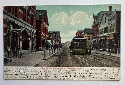 1907 CT Postcard Danielson Connecticut Main Street looking South trolley stores