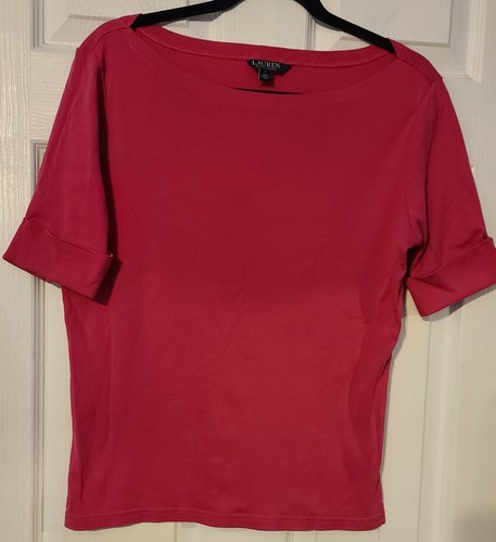 Lauren Ralph Lauren Women’s Rolled Sleeve Boat Neck Top Hot Pink Size Large L