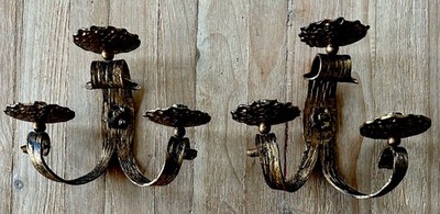 Vintage Spanish Revival Brutalist Wrought Iron Heavy Candle Sconces 3 Arm Scroll