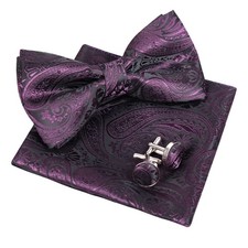 Mens Classic Paisley BowTie, Pocket Square Handkerchief, Cufflinks Set, Formal