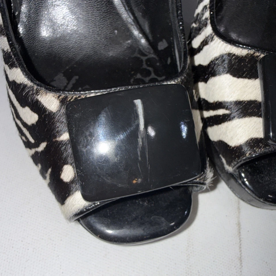 Zapatos de salón vintage Y2K Ann Taylor estampado de cebra pelo de becerro negro punta abierta tacones altos 8,5 Foto 4 de 4