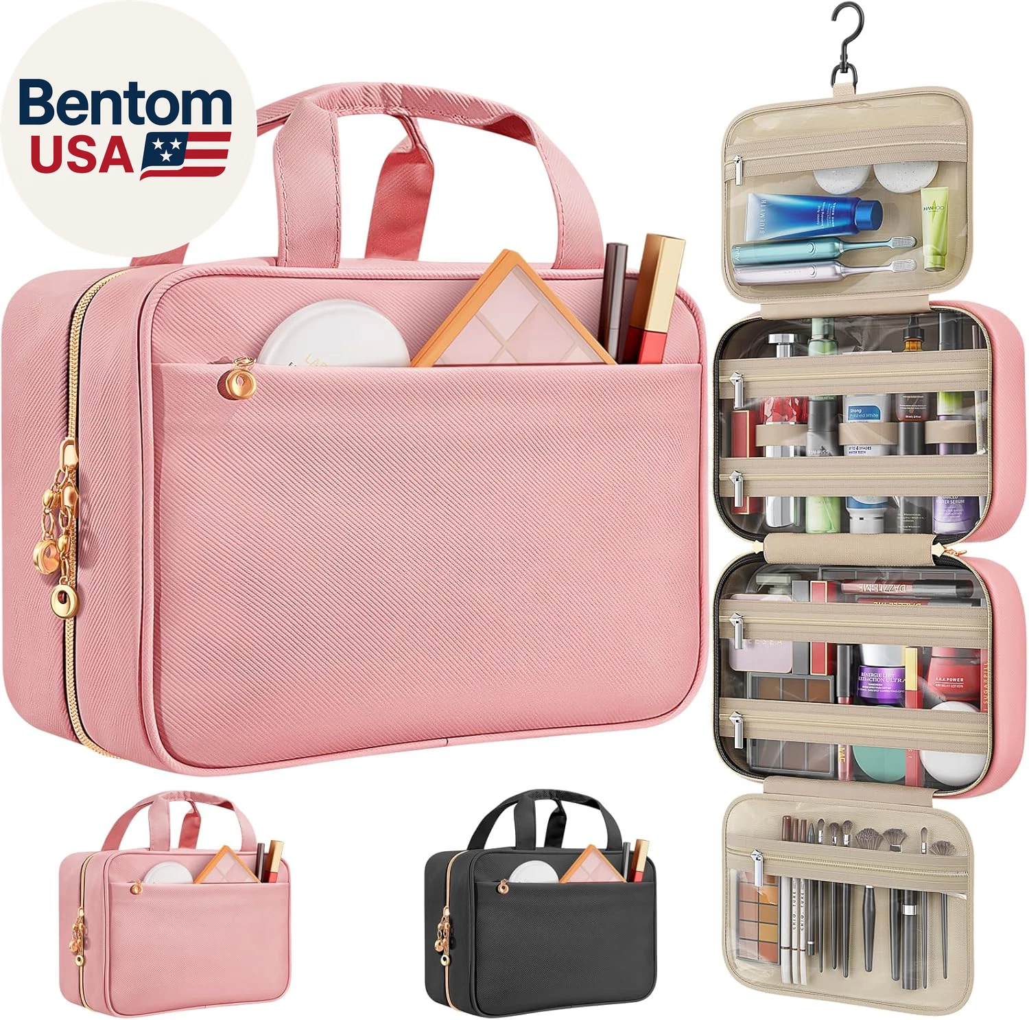 Travel Toiletry Bags, Portable Travel Bag with Hanging Hook for Women, Waterproo