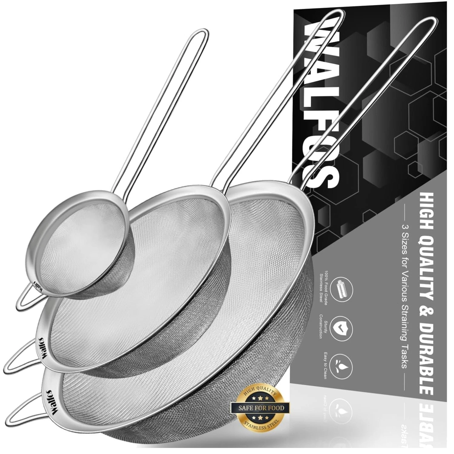 Fine Mesh Strainers for Sift, Strain, Drain - 3 Pack