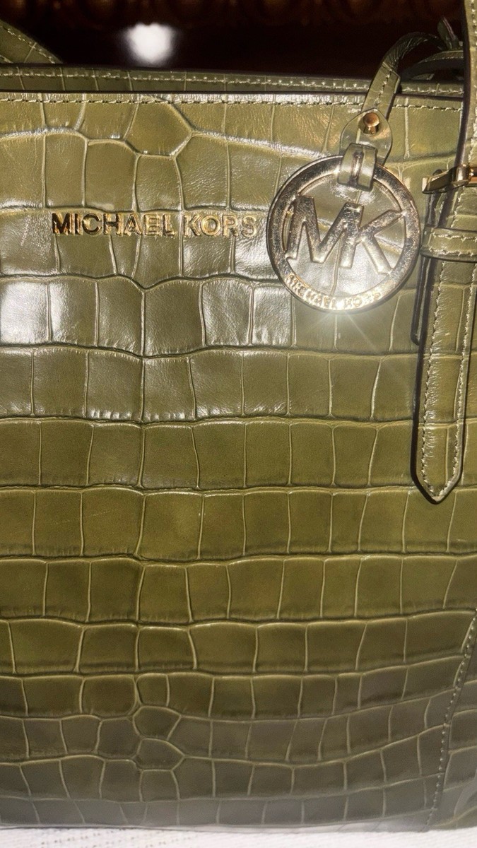 Michael Kors Olive Green Crocodile Embossed Tote Bag with Gold