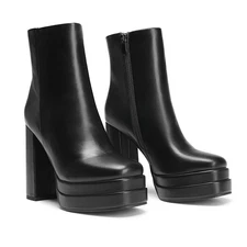 Women Platform Gogo Ankle Boot High Chunky Heel Square Toe Zip Up Boots