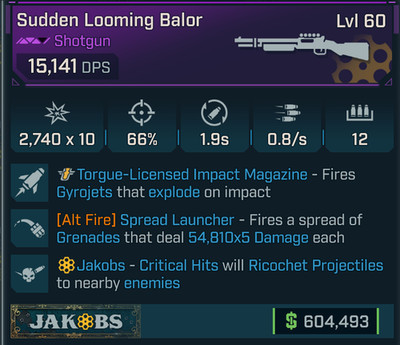 Borderlands 4 BALOR SHOTGUN TORGUE IMPACT SPREAD LAUNCHER 54,810x5 DAMAGE JAKOBS
