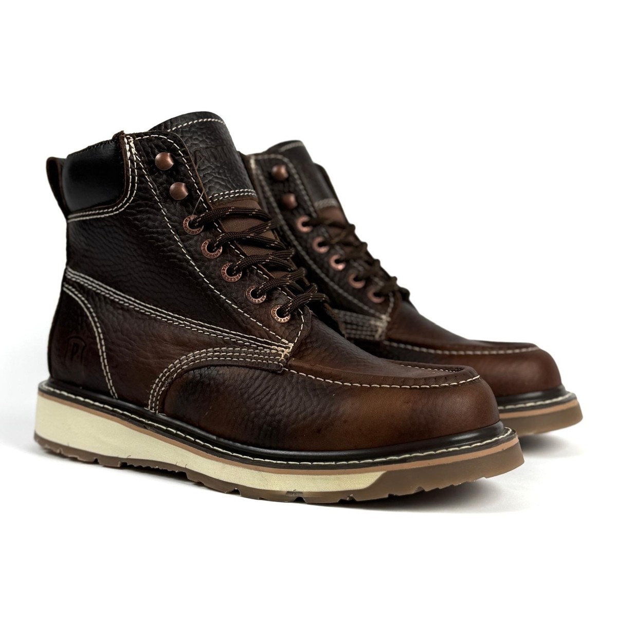 MENS BROWN LEATHER LACE UP ANKLE WORK BOOT MOC TOE CUSHIONED  display picture 1
