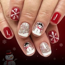 24pcs Christmas Press-On Short Glossy Nails Set, with Snowman & Snowflake