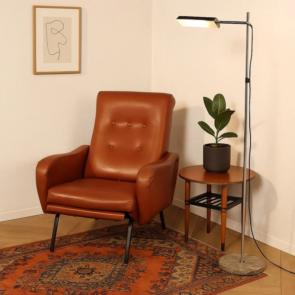 Sillón diseño vintage años 70 tapizado de espuma cuero sintético marrón metal Foto 2 de 4