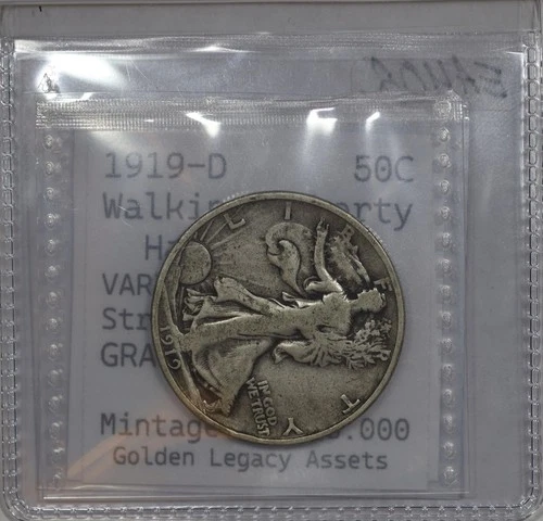 1919 D Walking Liberty Half Dollar 50C - Fine F+ (Sealed 2.5 x 2.5 Flip) #402